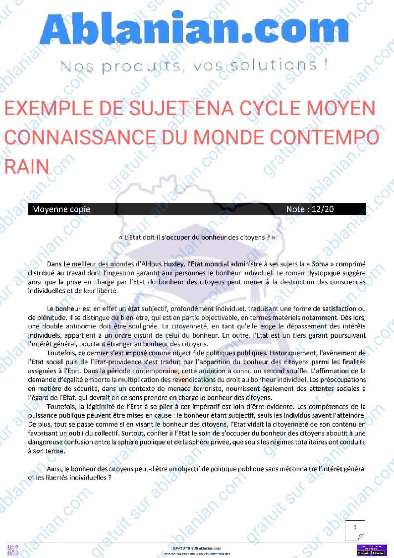 Première page : ENA 2025 EXEMPLE DE SUJET CONNAISSANCE DU MONDE CONTEMPORAIN CYCLE MOYEN PDF