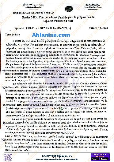 Première page : ENS 2023 ANCIENS SUJETS CULTURE GÉNÉRALE (FRANCAIS) PDF