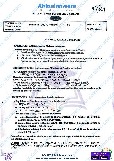 Première page : ENS 2025 ANCIENS SUJETS PC ÉPREUVES CHIMIE PDF