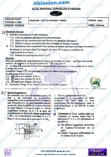 Première page : ENS 2025 ANCIENS SUJETS PC ÉPREUVES PHYSIQUE PDF