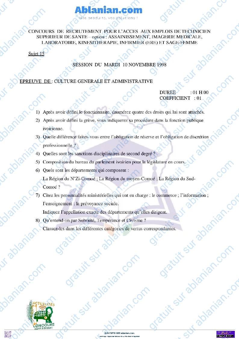 Première page : Ancien Sujet corrigé culture générale et administration 1998