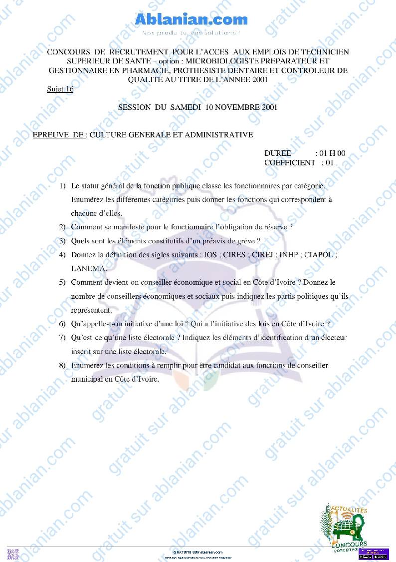 Première page : Ancien Sujet corrigé culture générale et administration 2001