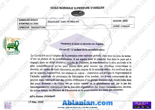Première page : ANCIENS SUJETS ENS ANGLAIS PROF COLLEGE TRADUCTION 2025 PDF