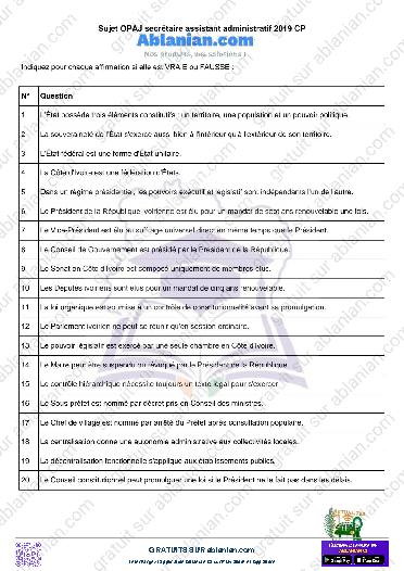 Première page : Ancien sujets OPAJ secrétaire assistant administratif CP 2019