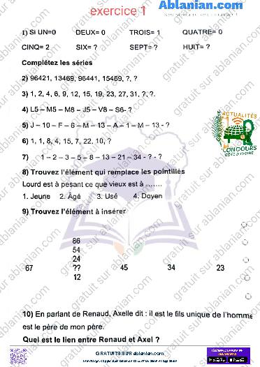 Première page : 8 exercices type concours logique Catégorie B Concours Administratif